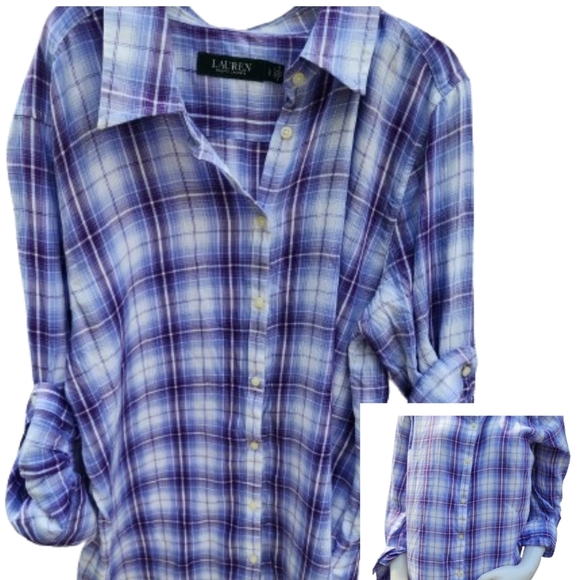 Lauren‎ Ralph Lauren Convertible sleeve purple plaid shirt L - Picture 1 of 10